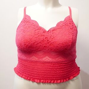 Torrid Plus 2X Hot Pink Lace and Mesh Cami Crop Top W Smocking Waist NWOT